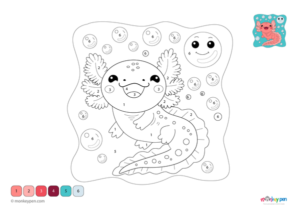 Downloadable color-by-number worksheet of an axolotl, with numbered sections for body, gills, and aquatic background.