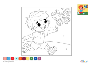 Color-by-number worksheet of a boy and butterfly – free download to color his outfit, butterfly wings, and outdoor scene.