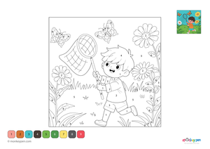 Color-by-number worksheet of a child running after a butterfly – free download to color outfit, wings, and nature background.