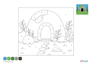 Color-by-number worksheet of a warm animal den – free download to color habitat details, earthy textures, and background.