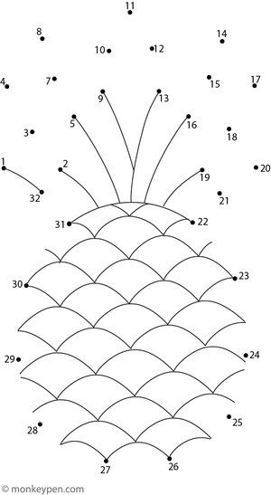 Connecting numbered dots gradually reveals a pineapple with a leafy crown.