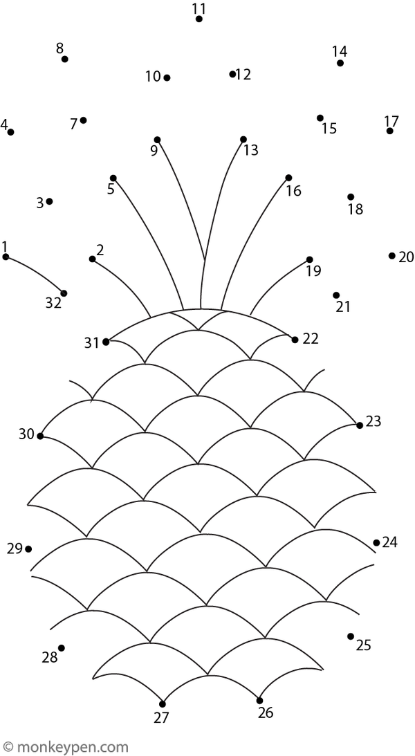 Connecting numbered dots gradually reveals a pineapple with a leafy crown.