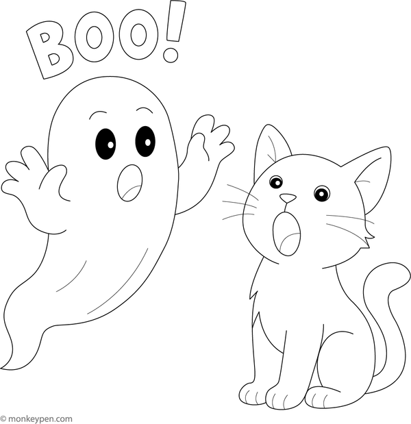 Ghost floating near a curious cat, ready to be coloured.