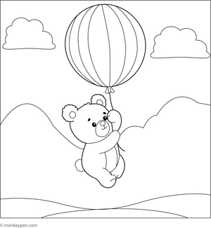 Little Bear Floating in a Balloon Coloring Page