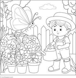 Butterflies and the Little Gardener Coloring Page – fun and educational printable for children