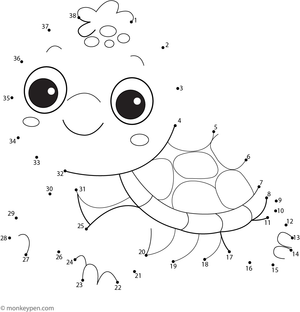 Dot-to-dot worksheet of a cartoon turtle with a patterned shell for children to connect and color.