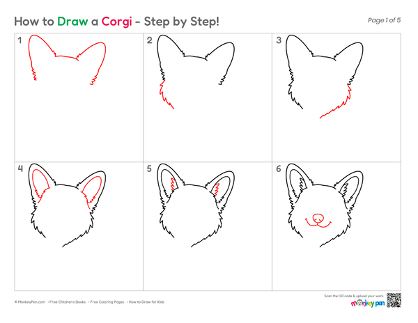 Step-by-step corgi drawing with fluffy fur and perky ears.