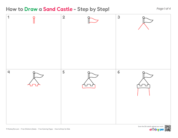 Easy sandcastle illustration for children learning to draw step by step.