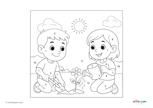 Color-by-number worksheet of kids planting a tree – free download to color outfits, tree, and eco-friendly outdoor scene.