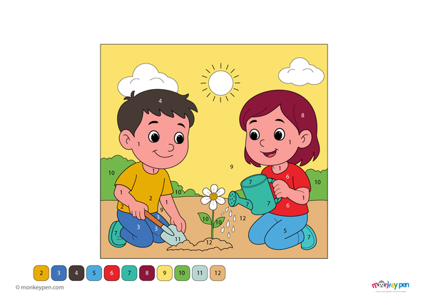 Color-by-number worksheet of kids planting a tree – free download to color outfits, tree, and eco-friendly outdoor scene.