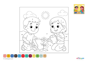 Two children planting a sapling in the soil, educational coloring activity promoting environmental awareness for children.  