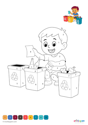 Child placing waste into recycling bins, educational color by number activity promoting environmental responsibility.  