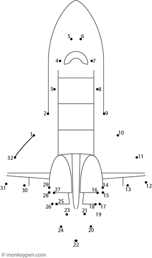 A small spaceship outline appears as children connect the numbered dots in this space-themed activity.  