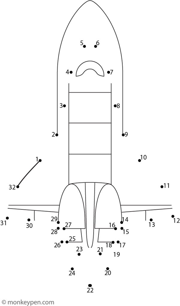 A small spaceship outline appears as children connect the numbered dots in this space-themed activity.  