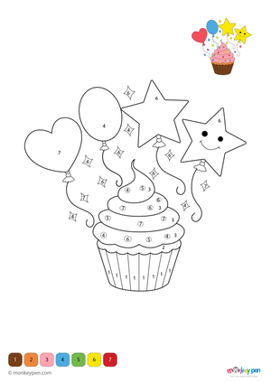 Playful cupcake with frosting and sprinkles, dessert-themed color by number activity for young children.  
