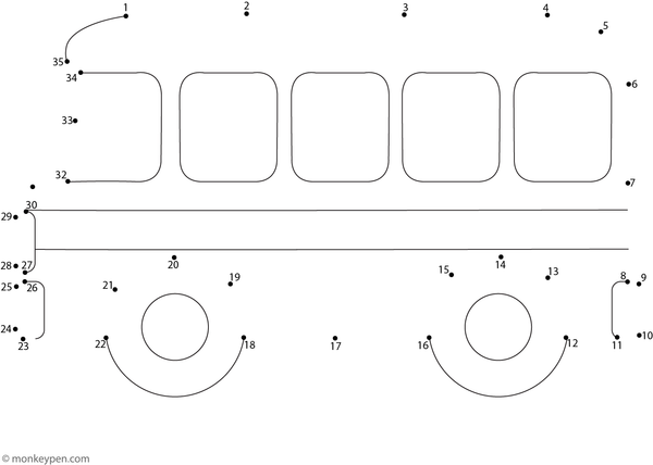 Numbered dots form a school bus with windows and wheels as children connect them.