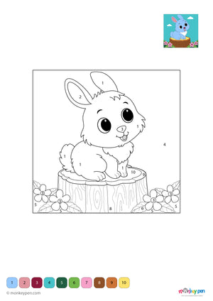 Smiling bunny sitting in grass, animal-themed coloring activity with numbers for kids.  