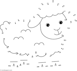 A fluffy sheep with a rounded woolly body appears as children follow the dotted pattern.  