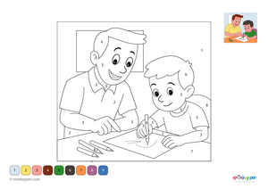 Father guiding child with homework at a desk, family bonding educational coloring activity for children.  