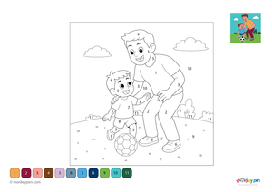 Dad showing child how to kick a football outdoors, sporty colour by number page for children.