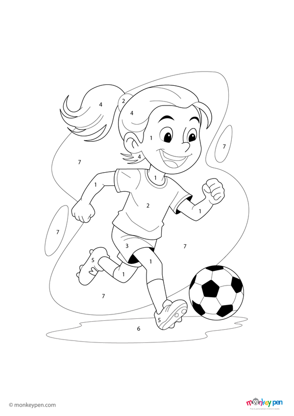 Colour by number page showing a girl kicking a football on a field, with numbered sections for colouring her outfit, ball, grass, and sky.