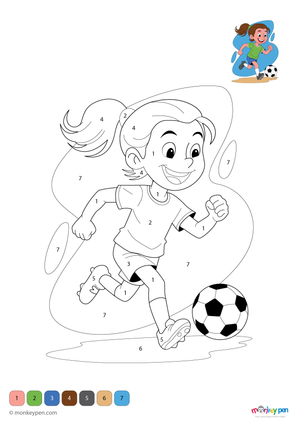 Colour by number page showing a girl kicking a football on a field, with numbered sections for colouring her outfit, ball, grass, and sky.