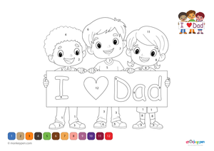 Children holding a “I Love Dad” banner, family-themed educational colour by number activity.