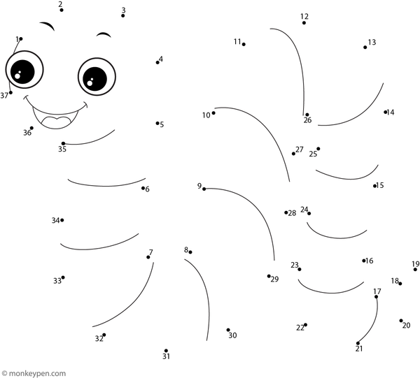 A winding worm shape appears as children complete the numbered dot trail.  
