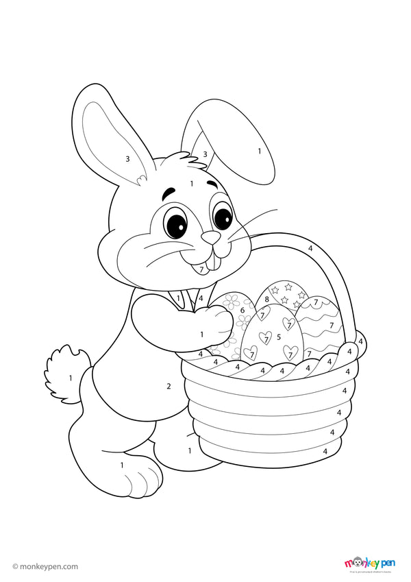 Adorable rabbit with decorated Easter eggs, holiday-themed colour by number activity for children.