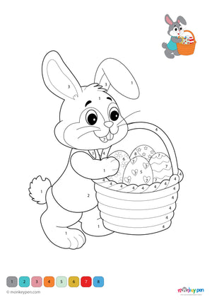 Adorable rabbit with decorated Easter eggs, holiday-themed colour by number activity for children.