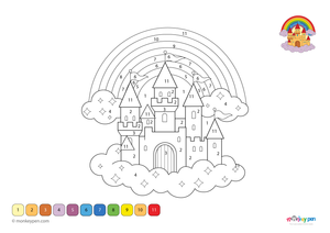 Imposing castle with towers and fortifications, fantasy-themed colour by number activity for kids.
