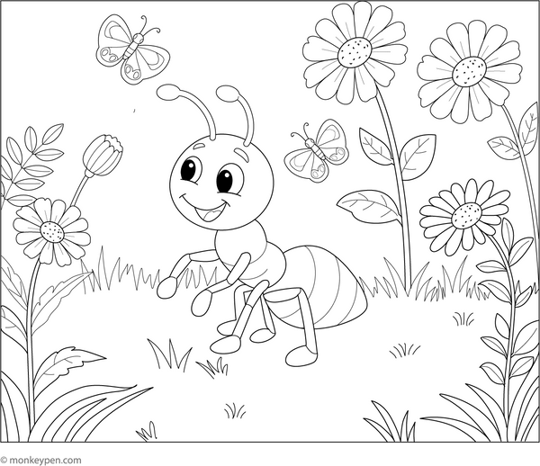 Ant in the Garden of Wildflowers Coloring Page