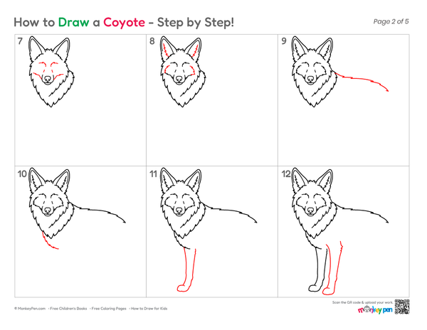Printable coyote drawing sheet for creative learning activities.