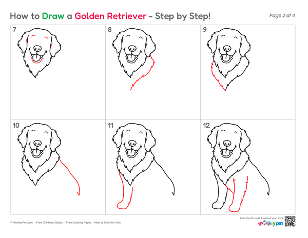 Printable golden retriever drawing sheet for creative learning activities.