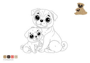 Free downloadable color-by-number sheet featuring a family of pugs with numbered sections on their fur, floppy ears, and sweet faces—a fun, pet-themed printable that helps kids practice numbers through creative coloring.