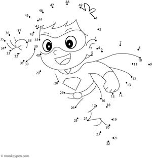 Dot-to-dot worksheet featuring a superhero character for children to connect and color.