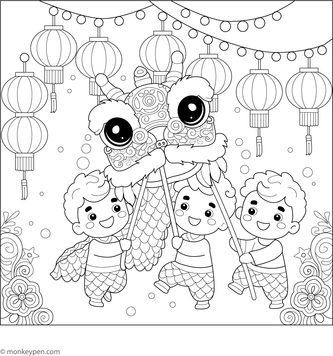 23. Festive Dragon Dance dragon dance coloring page – free printable pdf for kids