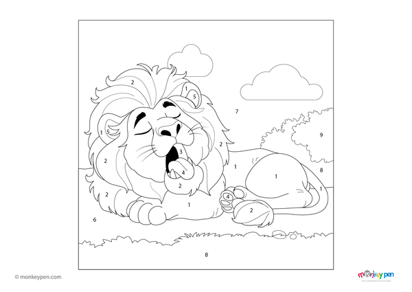 Color-by-number worksheet of a majestic lion resting – free download to color mane, fur, and natural background.