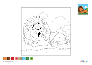 Calm lion lying down in natural surroundings, wildlife-themed colour by number activity for children.