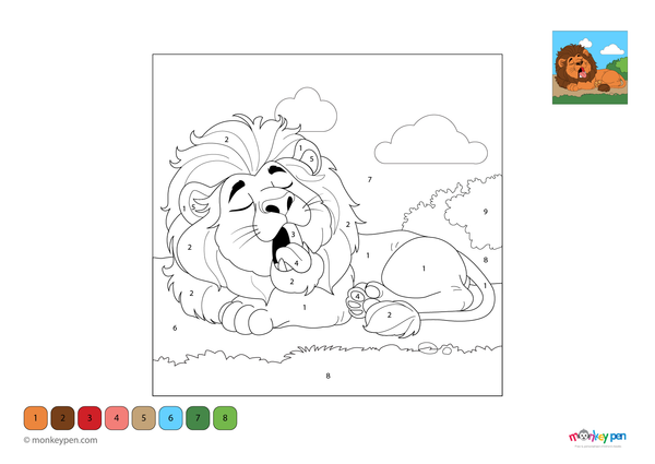 Color-by-number worksheet of a majestic lion resting – free download to color mane, fur, and natural background.