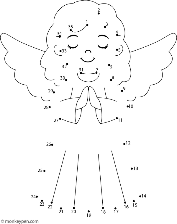 A peaceful angel with wings and a glowing halo is illustrated as children connect numbered dots in this calming activity.  