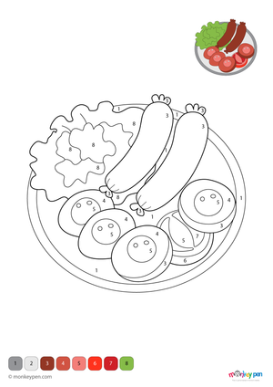Cartoon-style sausage illustration, food-themed educational colour by number page for kids.