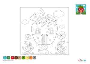 Whimsical strawberry-shaped house with windows and doors, a fantasy color by number activity for children.