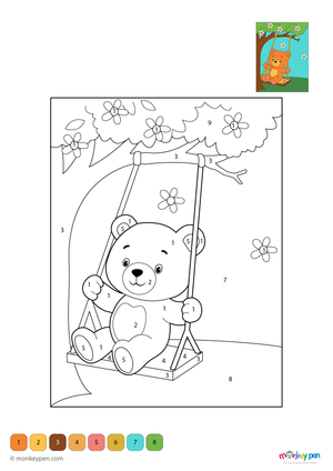 Cute teddy bear sitting on a swing, an animal-themed color by number activity designed for children.