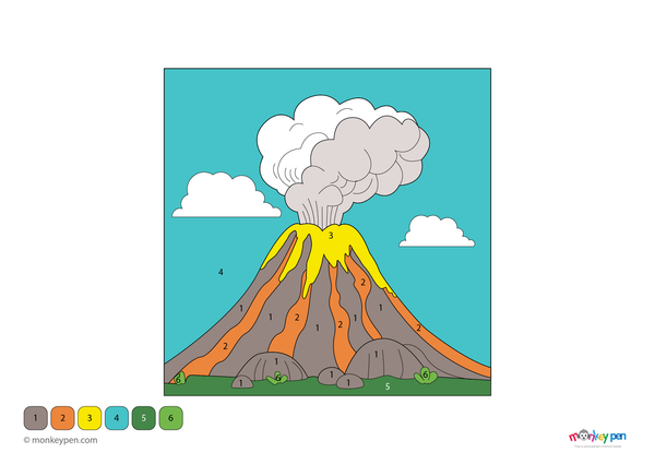 Volcano with flowing lava, an educational nature and science-themed color by number activity for children.