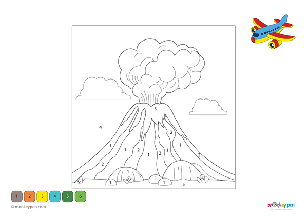 Volcano with flowing lava, an educational nature and science-themed color by number activity for children.