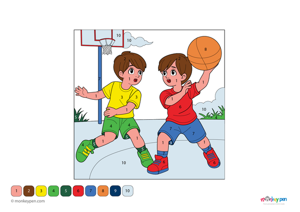 Downloadable color-by-number worksheet of a basketball player, with numbered areas for jersey, ball, and court background.