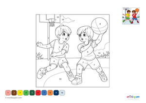 Downloadable color-by-number worksheet of a basketball player, with numbered areas for jersey, ball, and court background.
