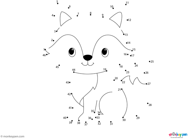 An adorable fox with a bushy tail and pointed ears appears as children complete this woodland-themed dot-to-dot puzzle.