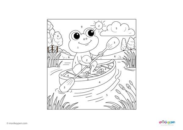 Color-by-number worksheet of a frog paddling a canoe – free download to color frog, boat, and surrounding river scene.